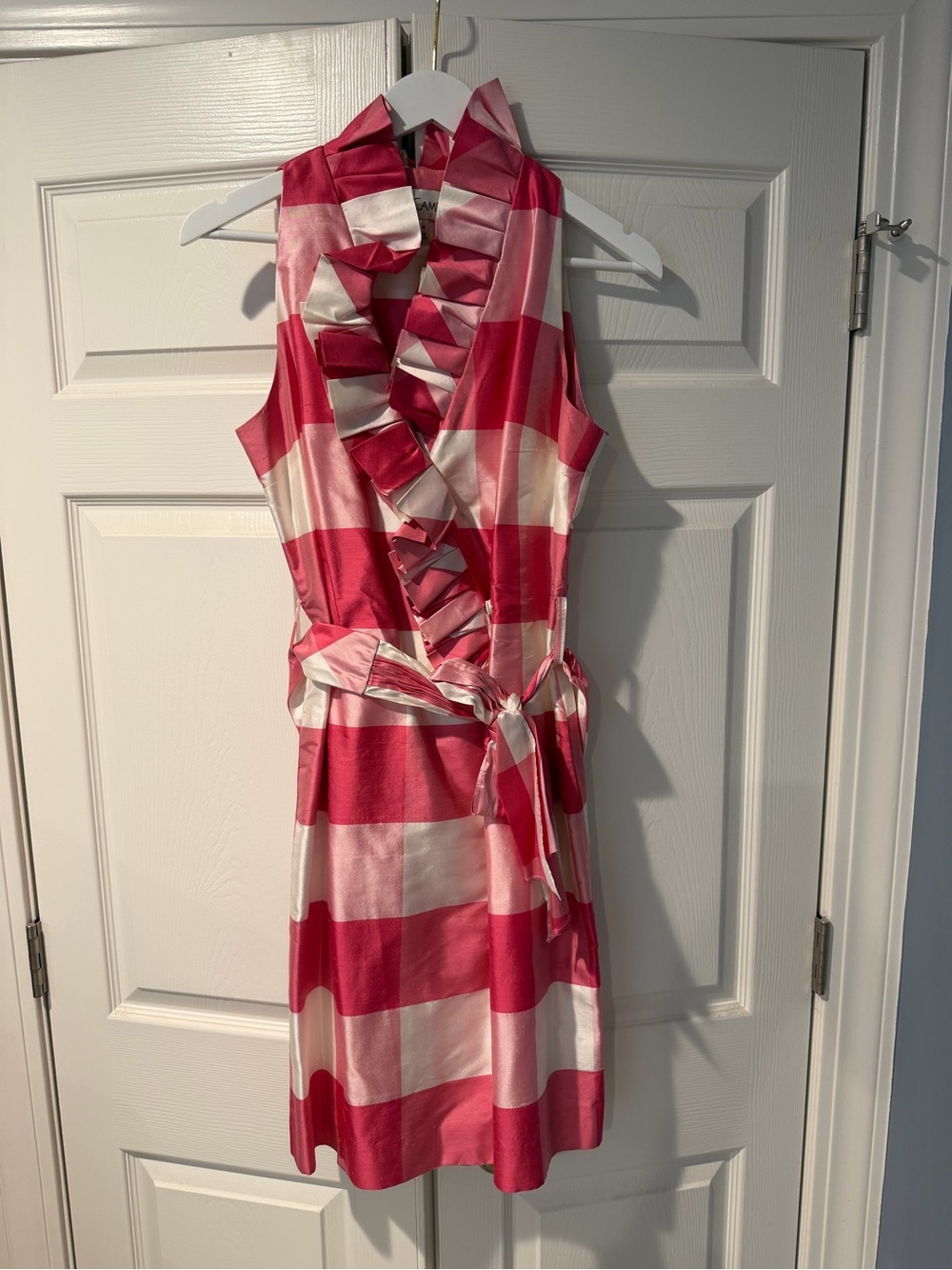 Sara Campbell Pink and Cream Ruffle-Front Wrap Dress